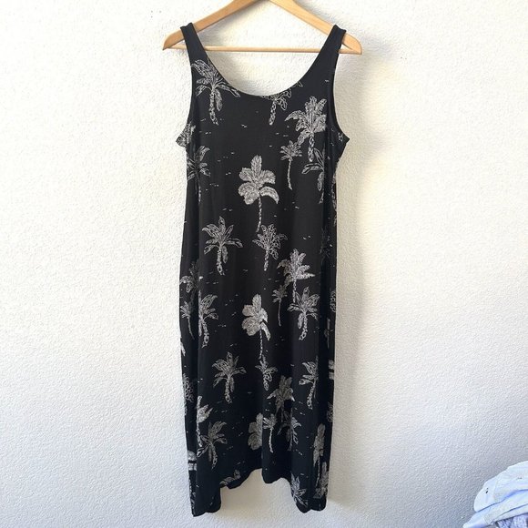 J Jill Black Sleeveless Palm Tree Tropical Jersey Midi Dress Size Small Petite - Picture 5 of 8